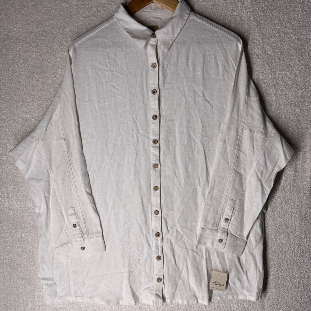 Free People XS Clean Ivory Linen Blend Oversized Button Down Shirt Tunic